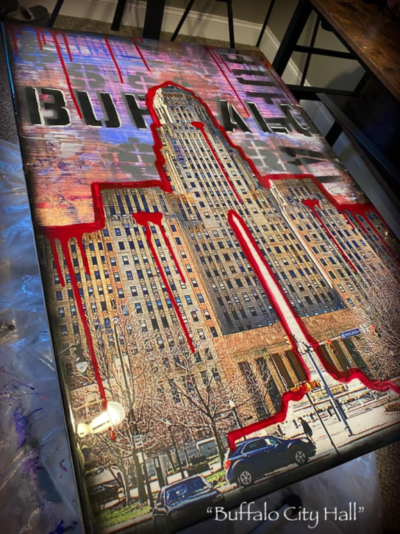 “Buffalo City Hall” - 24”x 36”x 1.5” Photography on Stretched Canvas. Photography, Copper Leaf, Mixed Medium, Pearl Epoxy Resin seal coat. Completed 2021.