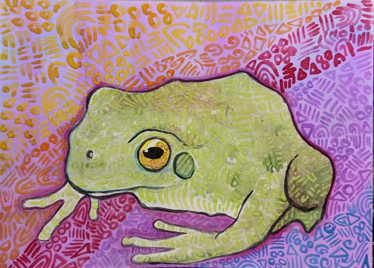 "Frog" Watercolor on Matboard, 5"x7" January 2023