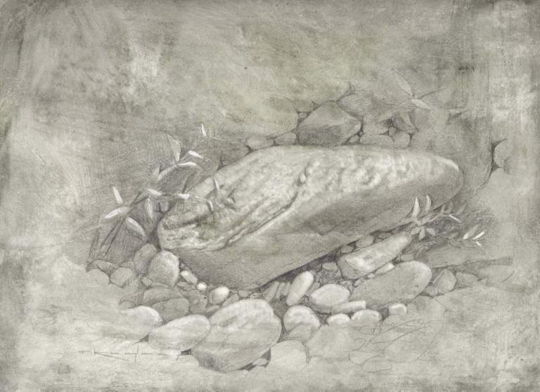 Schoharie Stream Rocks 9x12, Silver Point & Gouache Heightening